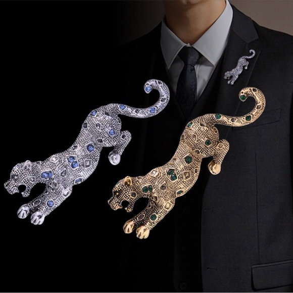 Crystal Rhinestone Cheetah Suit Lapel Pin Badge for Men Accessories Jewelry - Picture 1 of 9